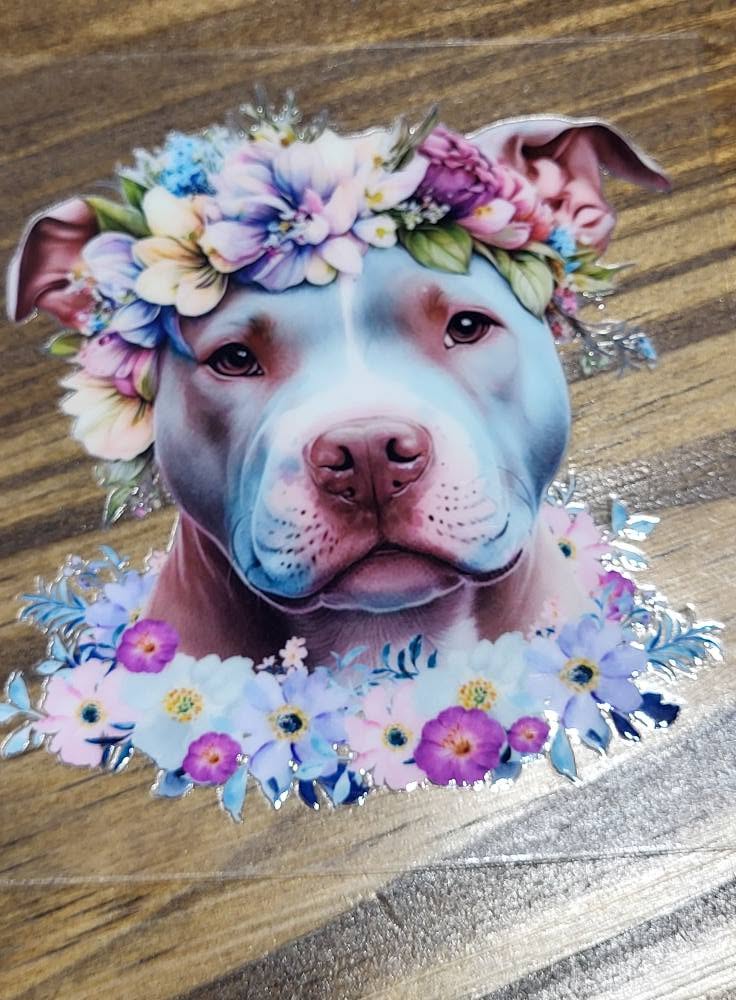 Pitbull with Floral Crown and Flower Collar Decal - soulful gray pitbull with warm brown eyes wearing lush purple pink blue and cream floral crown and lavender daisy flower collar