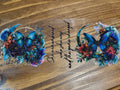 She Remembered Blue Butterfly Celestial Wrap Decal - iridescent blue morpho butterflies with teal red orange florals crescent moon and empowering quote