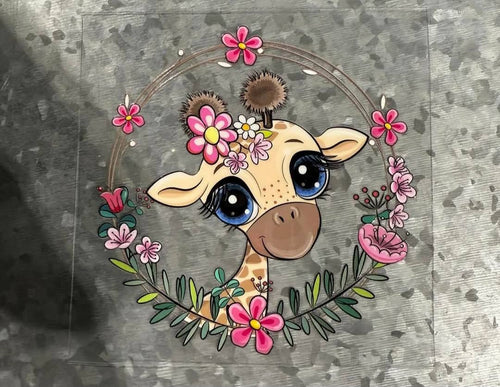 Baby Giraffe Blue Eyes Pink Floral Wreath Decal - cartoon baby giraffe with big blue eyes flower crown inside pink daisy and rose circular wreath