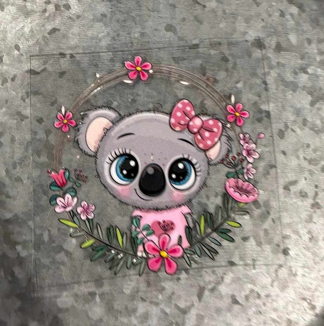 Baby Koala Blue Eyes Pink Bow Floral Wreath Decal - fluffy gray baby koala with big blue eyes pink polka dot bow inside pink floral circular wreath