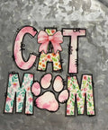 Cat Mom Floral Paw Print and Pink Bow Decal - bold Cat Mom lettering with pink and green watercolor florals large pink coquette bow and floral paw print
