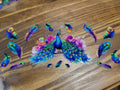 Rainbow Peacock Full Display with Scattered Feathers Wrap Decal - majestic peacock in full tail display with iridescent plumage purple pink watercolor background and scattered rainbow feathers