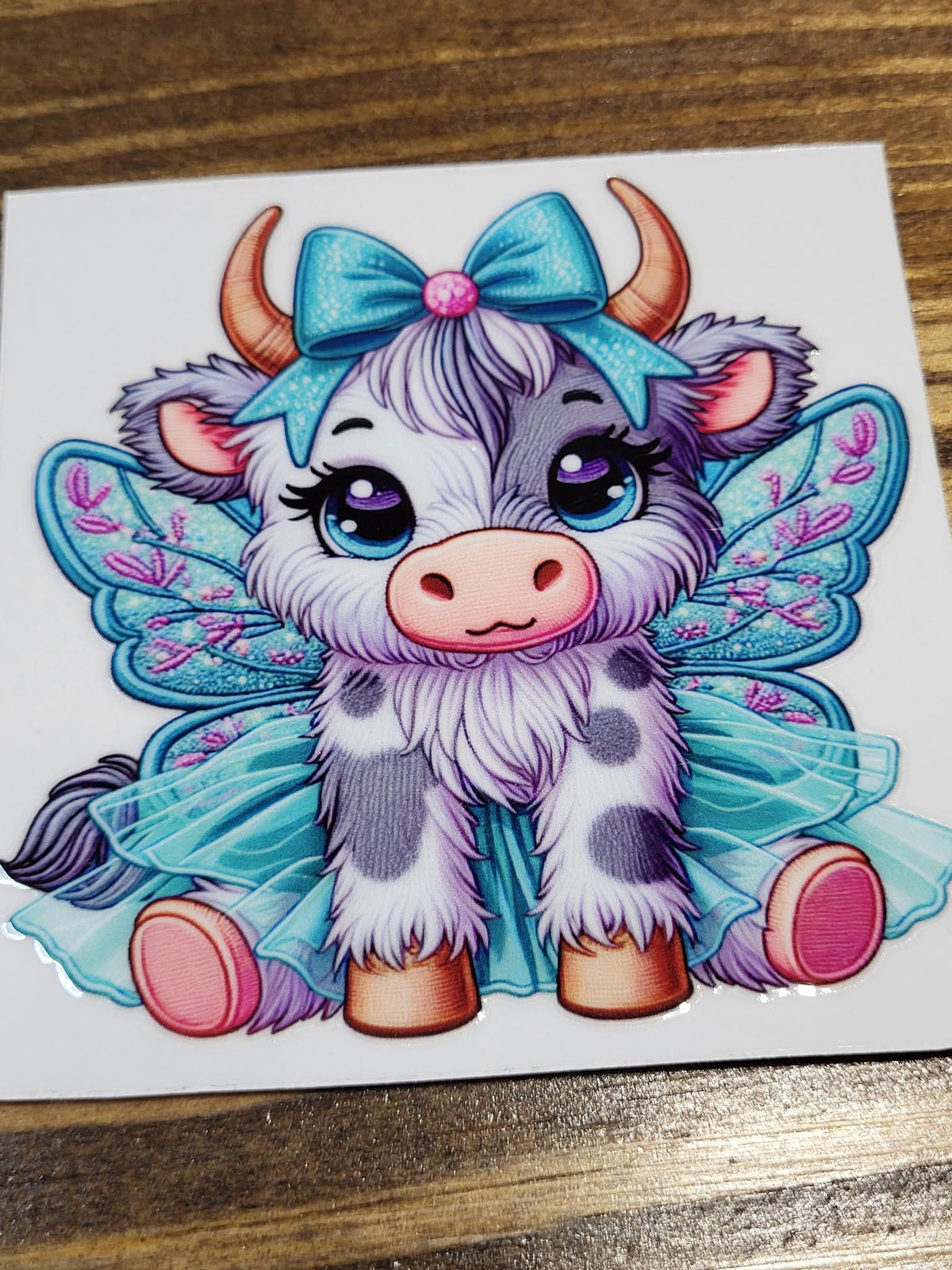 Fairy Cow Decal - purple white spotted cow with teal bow butterfly wings and tutu skirt