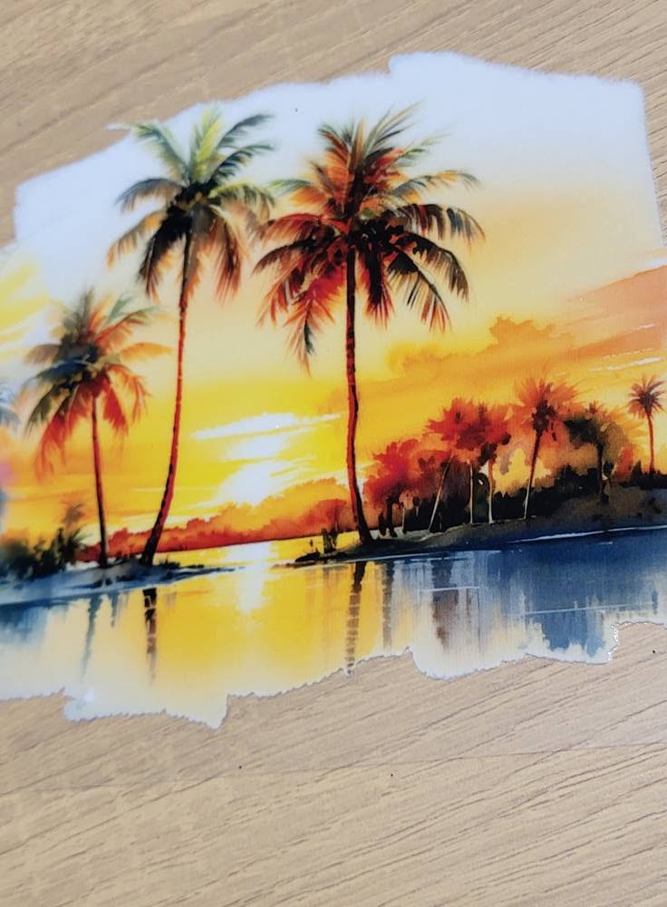 Tropical Palm Tree Sunset Beach Decal - watercolor style tropical beach sunset with tall silhouetted palm trees in brilliant golds oranges and reds with reflections in calm blue water