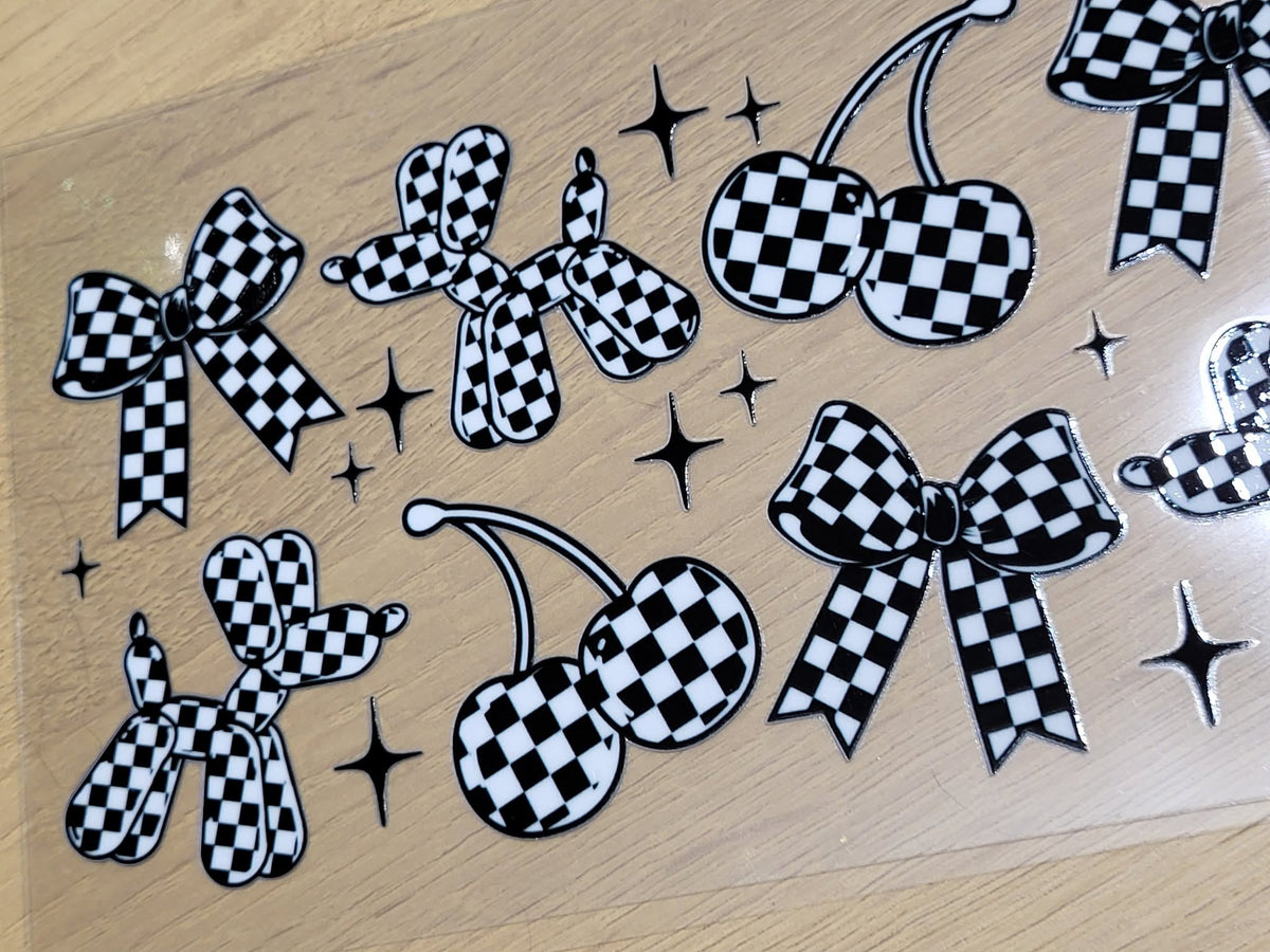 Checkered Element Sheet - black and white checker pattern bows balloon dogs cherries and sparkle stars elements