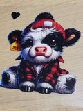 Flannel Calf Decal - black and white baby calf in red flannel shirt and beanie with ear tag 325