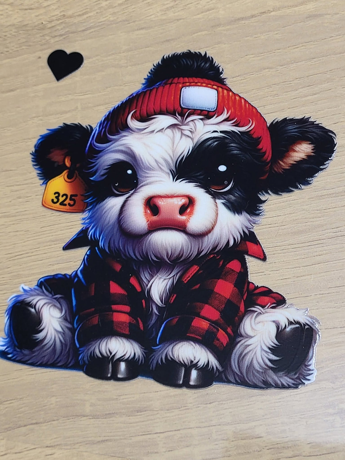 Flannel Calf Decal - black and white baby calf in red flannel shirt and beanie with ear tag 325