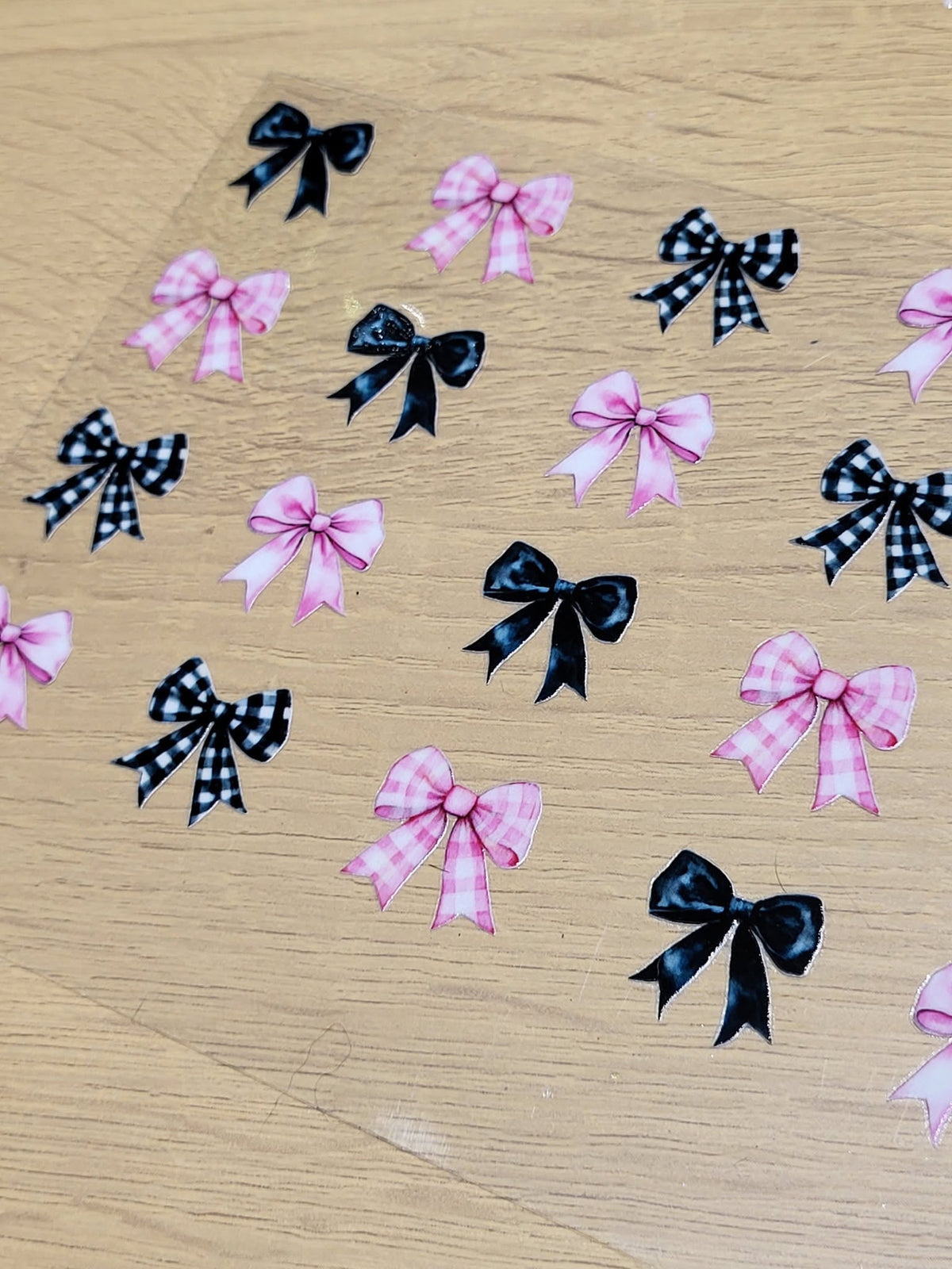 Pink Gingham and Black Satin Mini Bow Element Sheet - assorted mini bows in pink gingham solid black satin and black gingham patterns in various sizes
