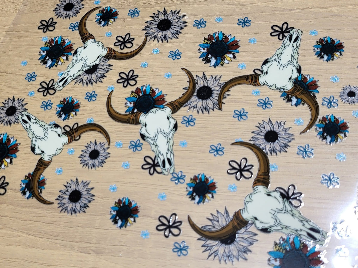 Bull Skull and Flower Element Sheet - teal rust and black bull skulls and sunflowers scattered pattern