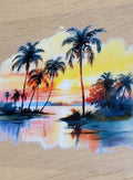 Tropical Palm Tree Sunset with Ship Beach Decal - watercolor style tropical sunset in cool blues pinks and golden yellows with silhouetted palm trees distant ship on horizon and reflections in calm water