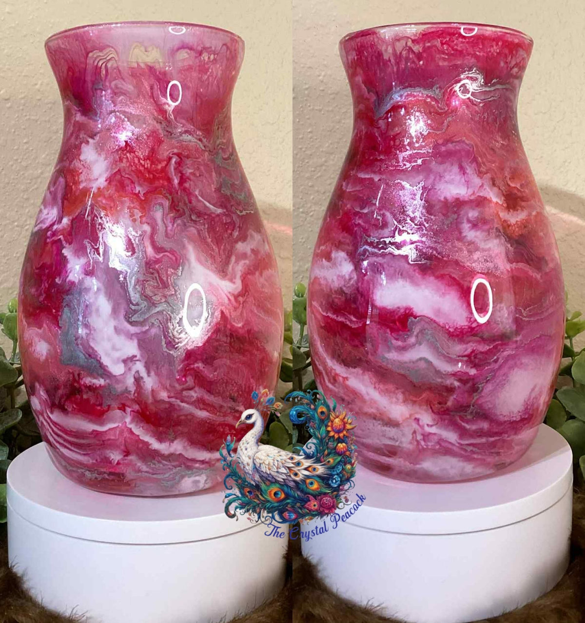 Libbey #1 Reds Pinks and Silver epoxy art vase in deep reds vibrant pinks soft mauves whites and silver shimmer