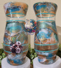 Libbey #3 Teal Copper and Black Glitter epoxy art vase with teal trim lines and floral decal accent