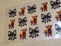 Highland Calf and Cow Print Bow Element Sheet - multiple fluffy auburn highland calves and black white cow print studded bows