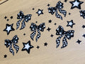 Checkered Bows and Stars Element Sheet - black and white checker pattern bows in various sizes with outlined stars and sparkle accents