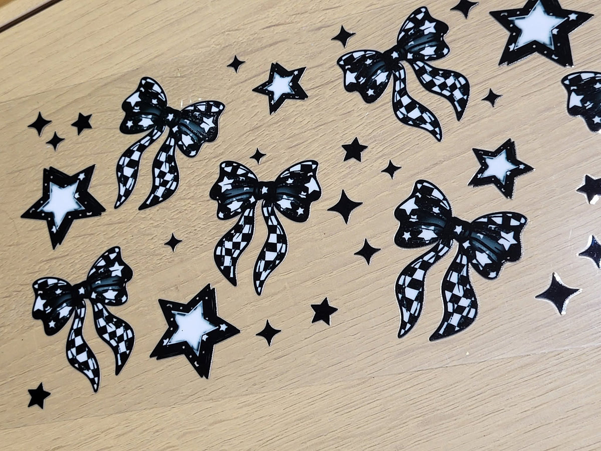 Checkered Bows and Stars Element Sheet - black and white checker pattern bows in various sizes with outlined stars and sparkle accents