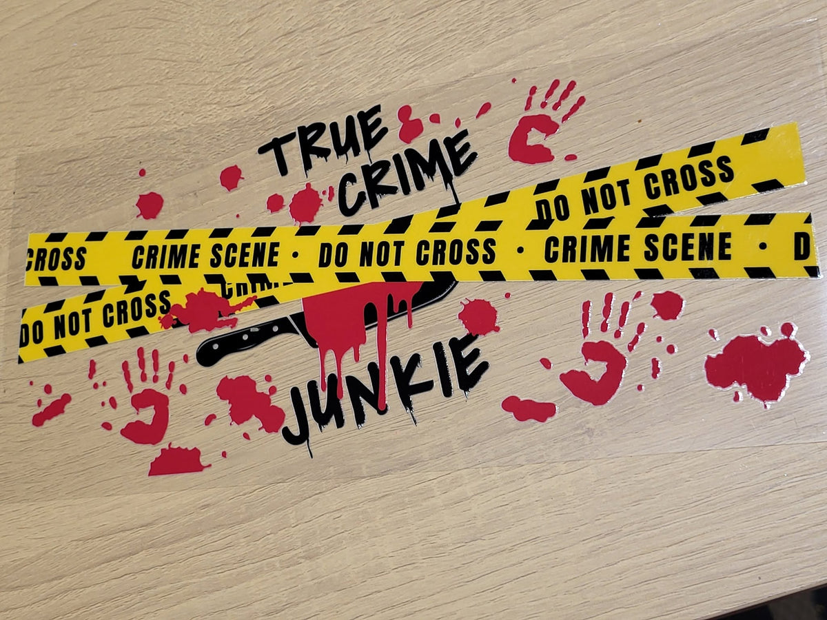 True Crime Junkie Wrap - crime scene tape bloody knife red handprints and blood splatter with True Crime Junkie text full tumbler wrap