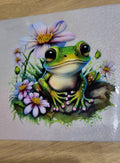Chubby Tree Frog in Pink Cosmos Flowers Decal - plump green tree frog with big glossy eyes and pink tipped toes nestled among pink and lavender cosmos flowers