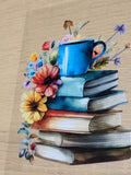 Books and Coffee Wildflower Stack Decal - stack of books topped with a blue coffee mug surrounded by red dahlias golden sunflowers purple blooms and delicate blue wildflower sprigs