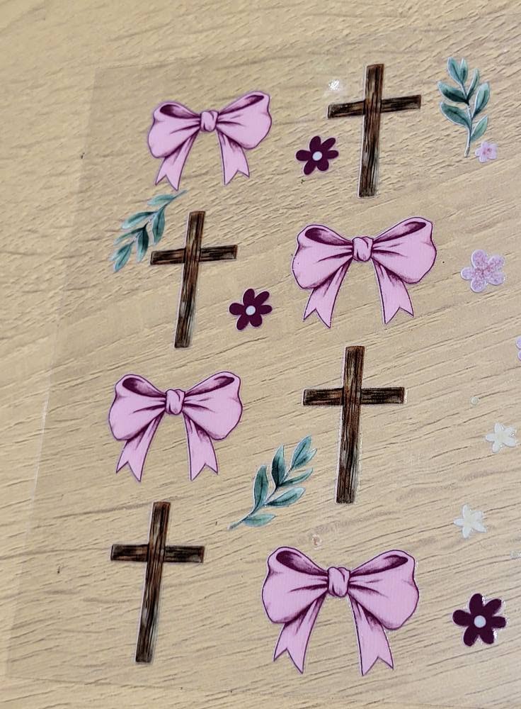Coquette Cross and Pink Bow Element Sheet Decal - rustic wooden crosses large fluffy pink coquette bows purple daisy flowers teal leaf sprigs and lavender floral accents