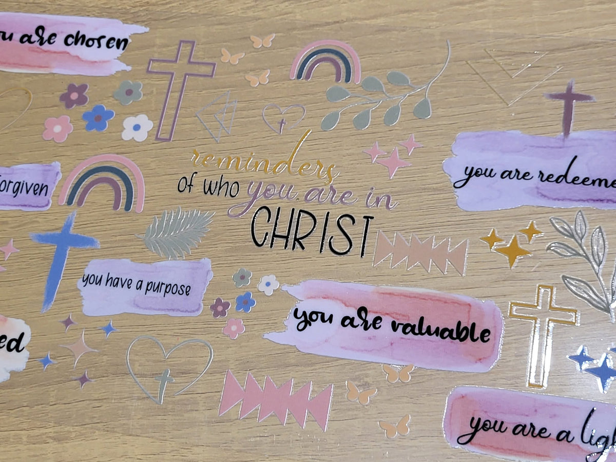 Reminders of Who You Are in Christ Element Sheet Decal - watercolor brushstroke banners crosses rainbows florals butterflies stars hearts with faith affirmations you are chosen forgiven redeemed valuable