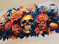 Skull Orange Roses Dark Floral Wrap - glowing skull surrounded by vibrant orange roses fall leaves pumpkin and deep blue botanical vines full tumbler wrap