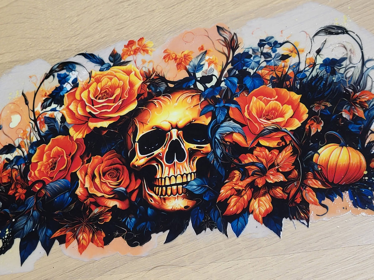 Skull Orange Roses Dark Floral Wrap - glowing skull surrounded by vibrant orange roses fall leaves pumpkin and deep blue botanical vines full tumbler wrap