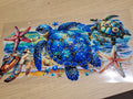 Galaxy Sea Turtles and Starfish Beach Wrap Decal - four sea turtles including galaxy blue glitter turtle jeweled mosaic turtle and colorful painted turtle with red starfish and golden bubbles on beach