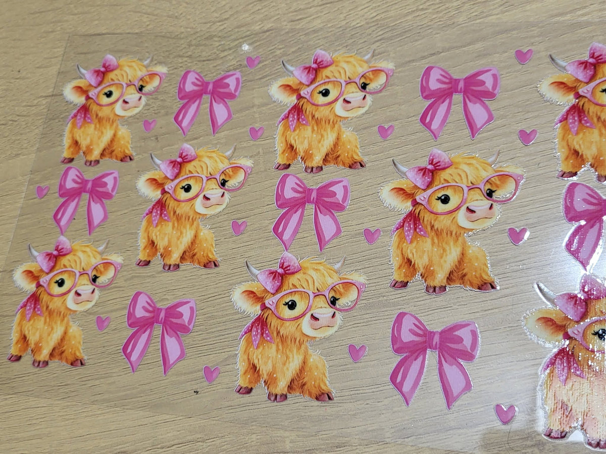 Pink Glasses Highland Calf and Bow Element Sheet - fluffy golden highland calves with pink glasses and bows with pink ribbon bows and hearts