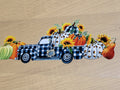 Buffalo Plaid Truck Pumpkins Sunflowers - vintage buffalo plaid truck loaded with leopard pumpkins orange pumpkins gourds and bright sunflowers fall harvest design