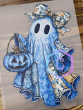 Denim and Floral Ghost Halloween shirt decal with floral bow and blue pumpkin