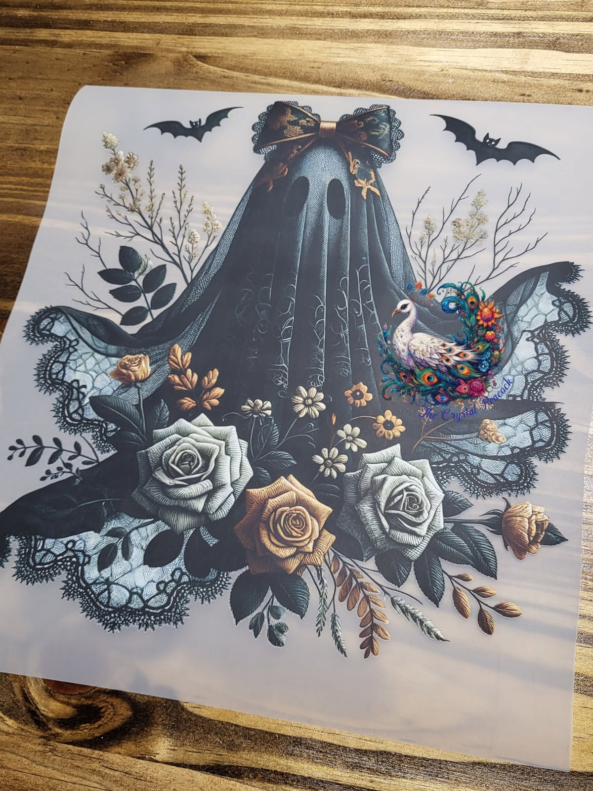 Black Lace Ghost Halloween shirt decal with roses bats and peacock