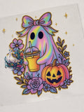Pastel Ghost Girl Iced Drink Pumpkin Floral - holographic pastel ghost with bow holding iced drink surrounded by jack-o-lantern purple roses and gold sparkle stars