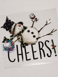 Cheers Snowman Wine - funny tipsy snowman in polka dot hat and scarf raising a glass of red wine with bold CHEERS text