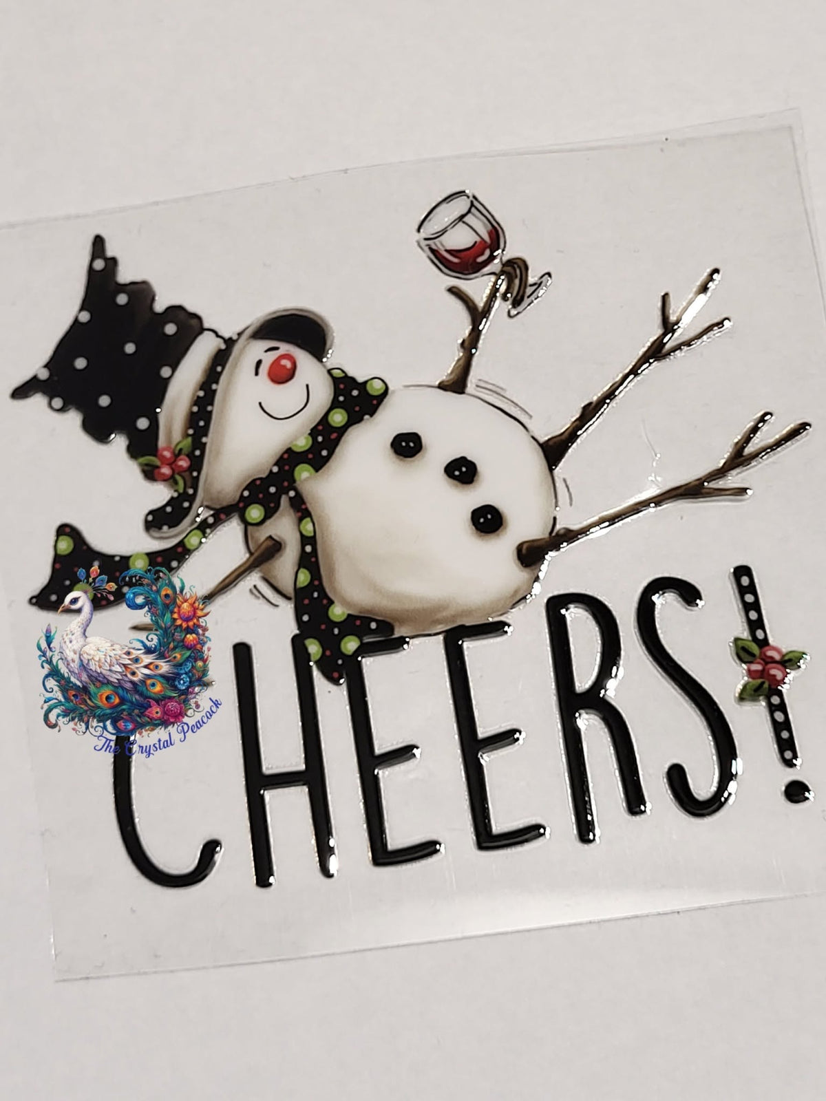 Cheers Snowman Wine - funny tipsy snowman in polka dot hat and scarf raising a glass of red wine with bold CHEERS text