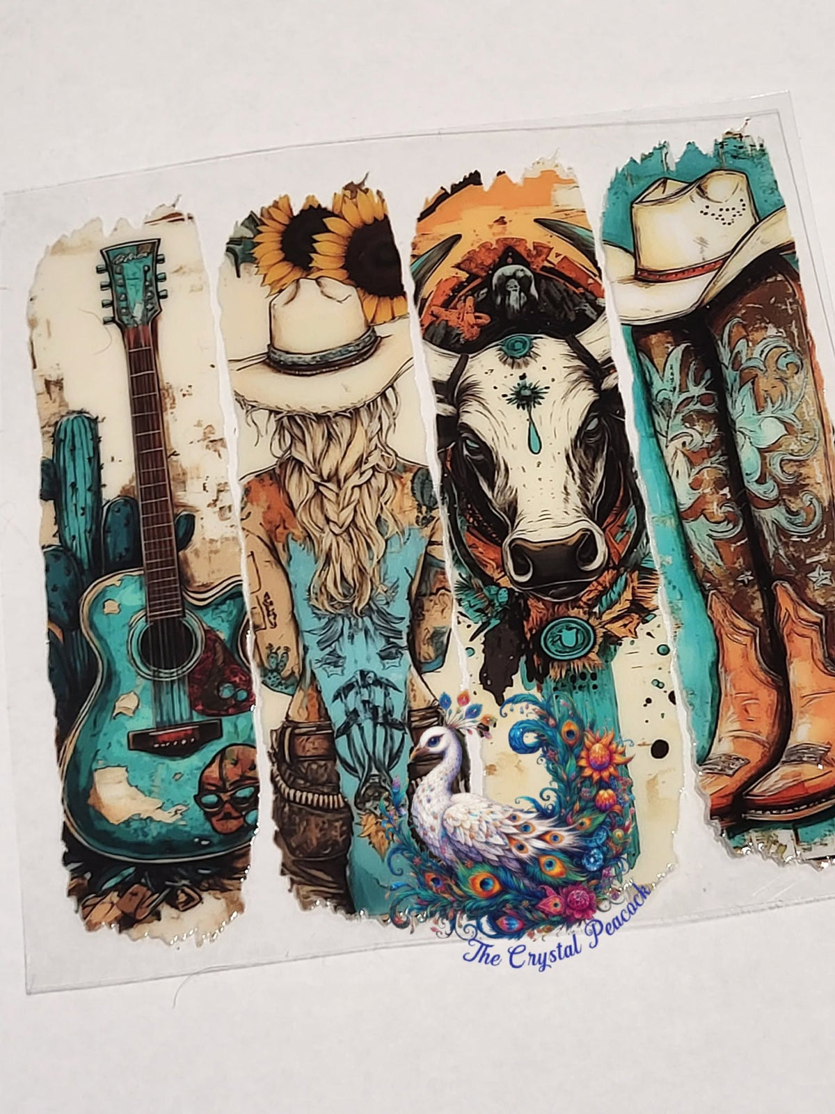 Western Brushstrokes Decal - 4 panel design with guitar, cowgirl, longhorn and cowboy boots