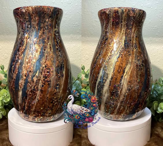 Libbey #1 Deep Blue and Gold Chunky Glitter epoxy art vase with brown copper and cream swirls