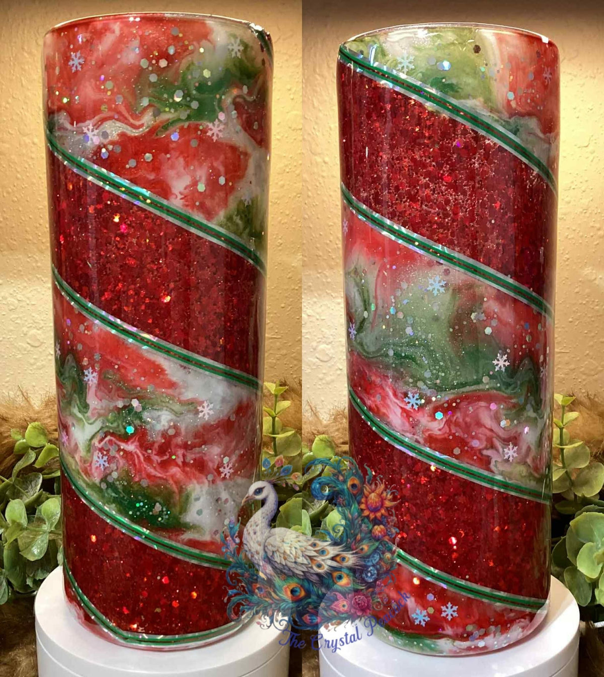 Libbey #4 Christmas Candy Cane epoxy art vase with red chunky glitter twist red green white silver inswirl holographic glitter and snowflake details