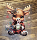 Baby Moose Hot Cocoa Christmas Decal - adorable baby moose with leopard bow in buffalo plaid pajamas holding steaming hot cocoa mug surrounded by colorful snowflakes