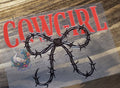 Cowgirl Barbed Wire Bow Decal - bold red cowgirl text with barbed wire bow design