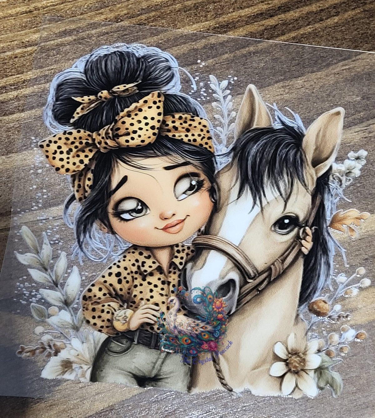 Dark Hair Cowgirl #2 Decal - chibi dark-haired cowgirl with cheetah bow and palomino horse