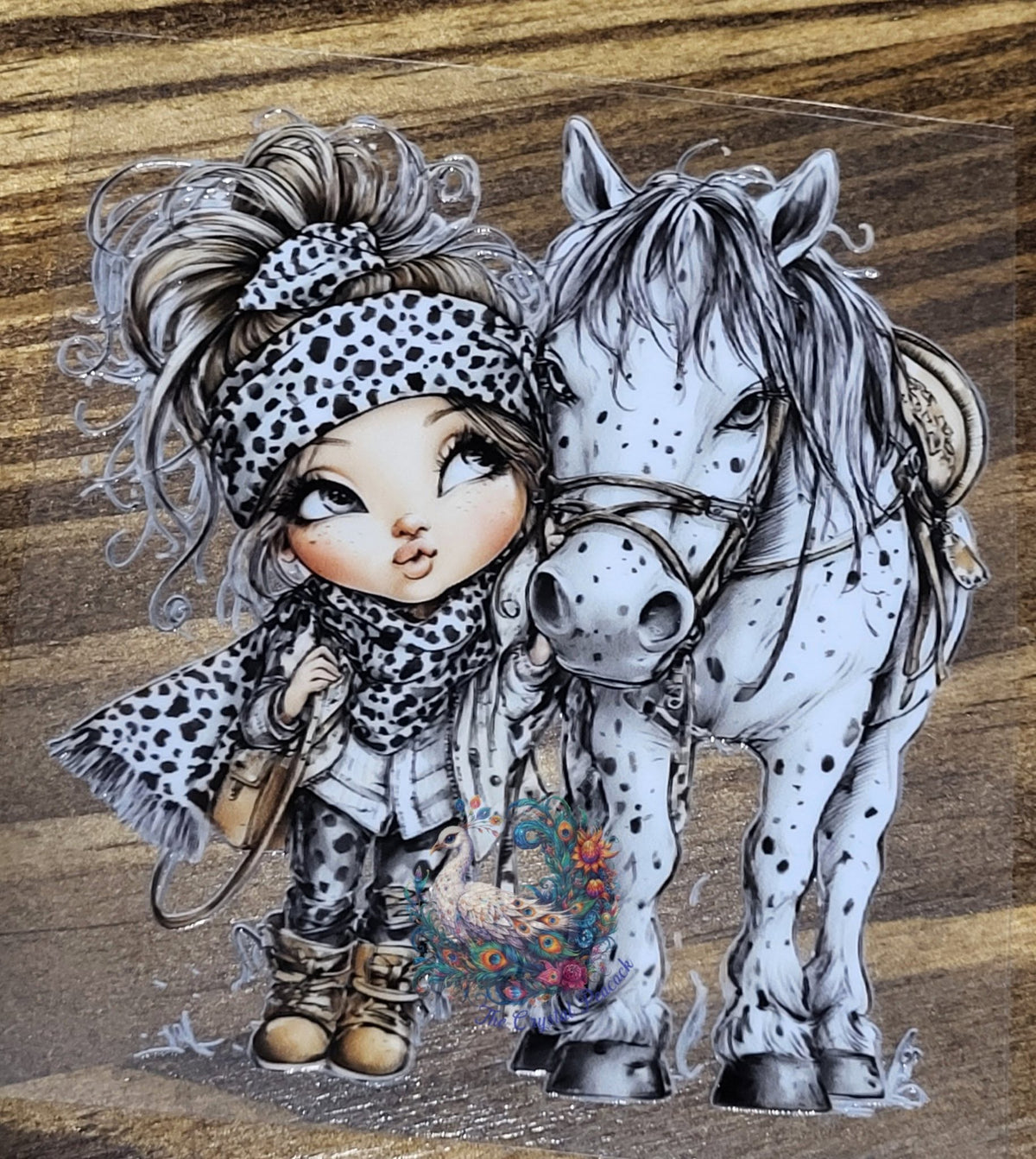 Cowgirl #3 Decal - chibi cowgirl with dalmatian print and spotty appaloosa horse