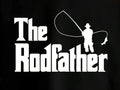 The Rodfather funny fishing shirt decal with Godfather-style lettering and fisherman silhouette on black shirt