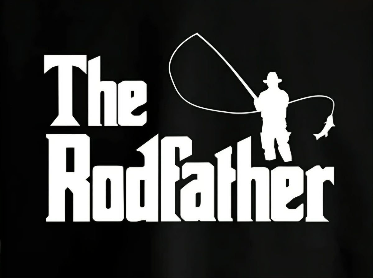 The Rodfather funny fishing shirt decal with Godfather-style lettering and fisherman silhouette on black shirt