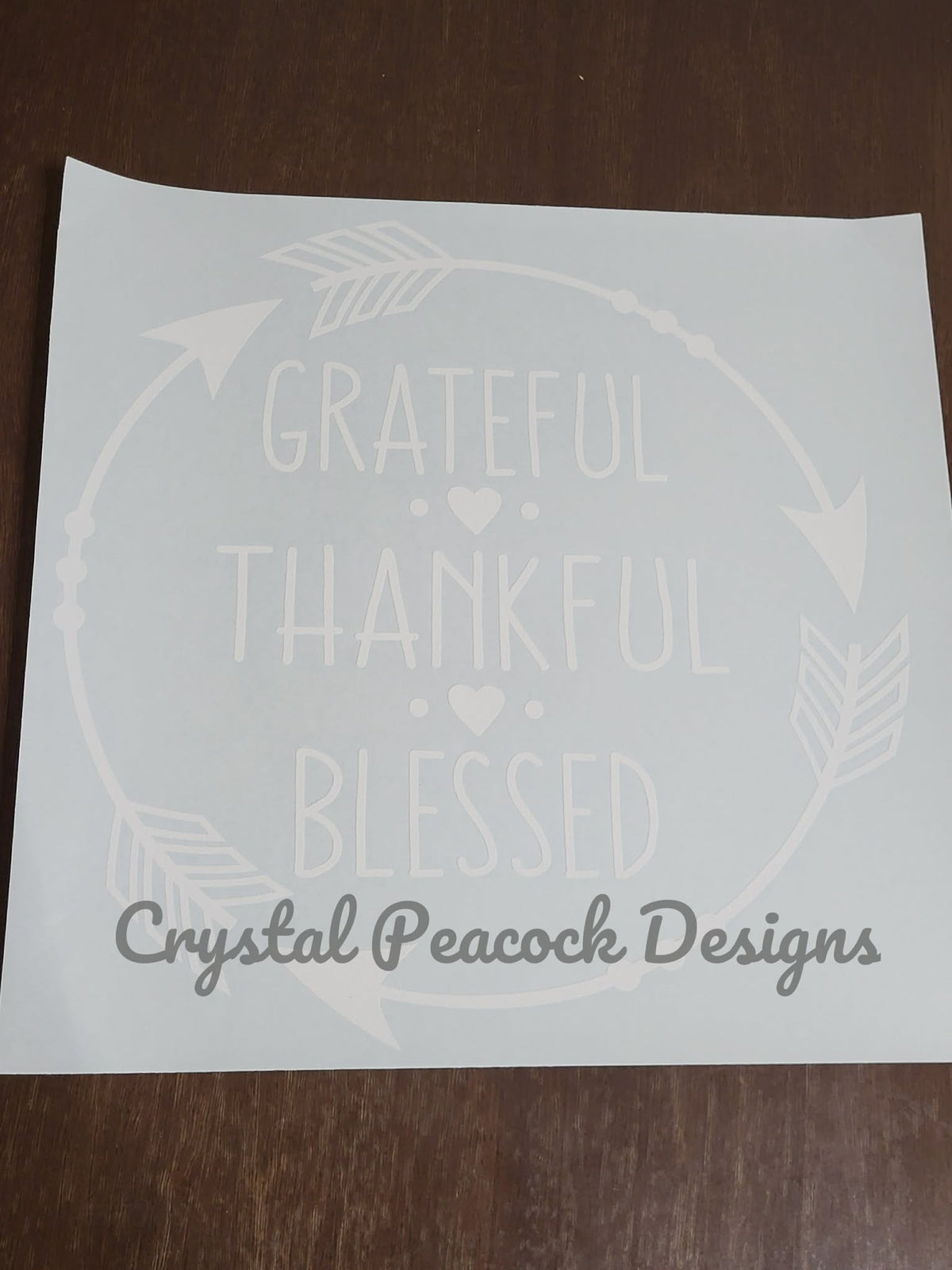 Grateful Thankful Blessed white vinyl shirt decal with arrow and wheat wreath frame