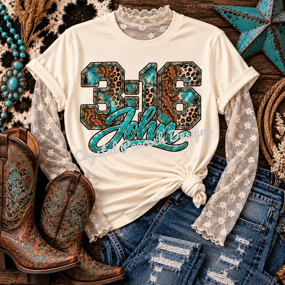 John 3:16 Western Shirt - Teal and Leopard design on cream shirt