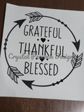 Grateful Thankful Blessed black vinyl shirt decal with arrow wreath and heart accents