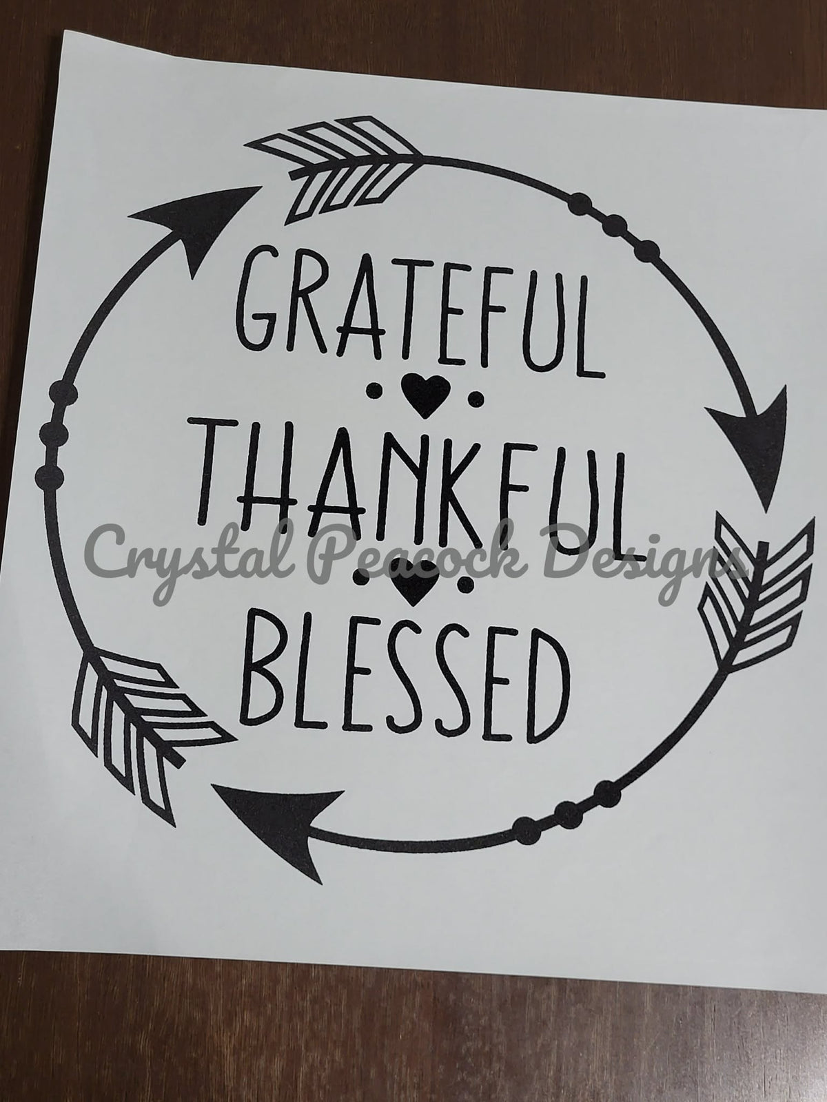 Grateful Thankful Blessed black vinyl shirt decal with arrow wreath and heart accents