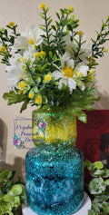 Summer Vibes epoxy art vase with teal chunky glitter base fading to vibrant yellow green