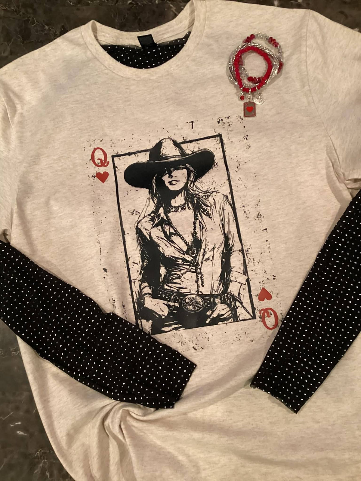 Queen Cowgirl Shirt Decal example on natural long sleeve shirt