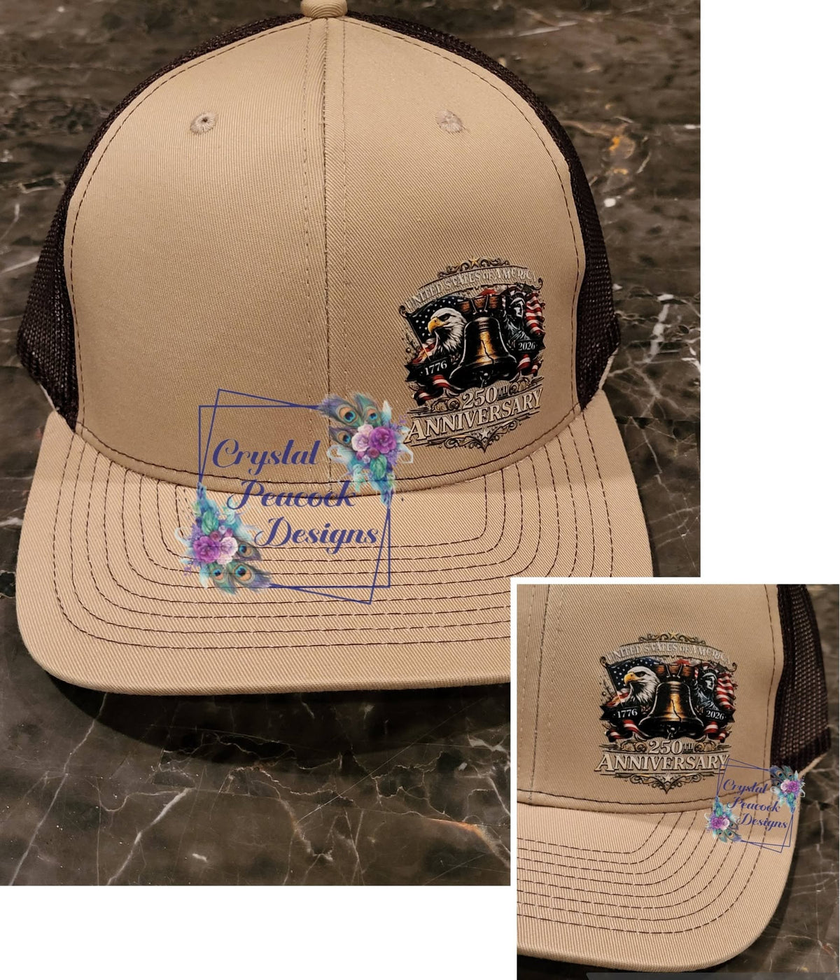 USA 250th Anniversary Snapback Hat in tan and brown with eagle and Liberty Bell graphic
